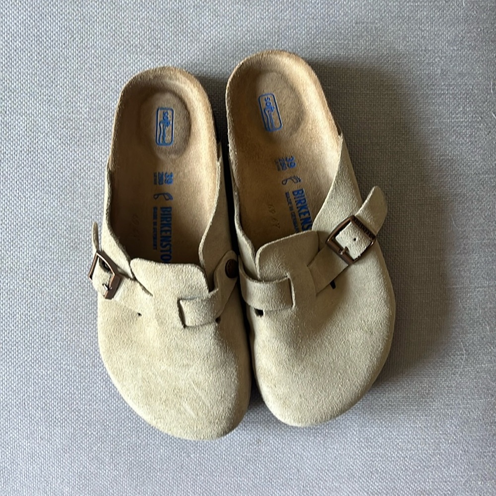 Birkenstock Boston Soft Footbed Suede Taupe Leather Narrow Fit Clogs Shoes 39